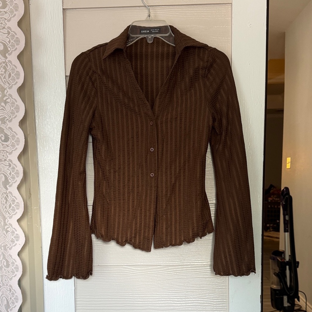 SHEIN Brown Ribbed Button-Up Knit Shirt